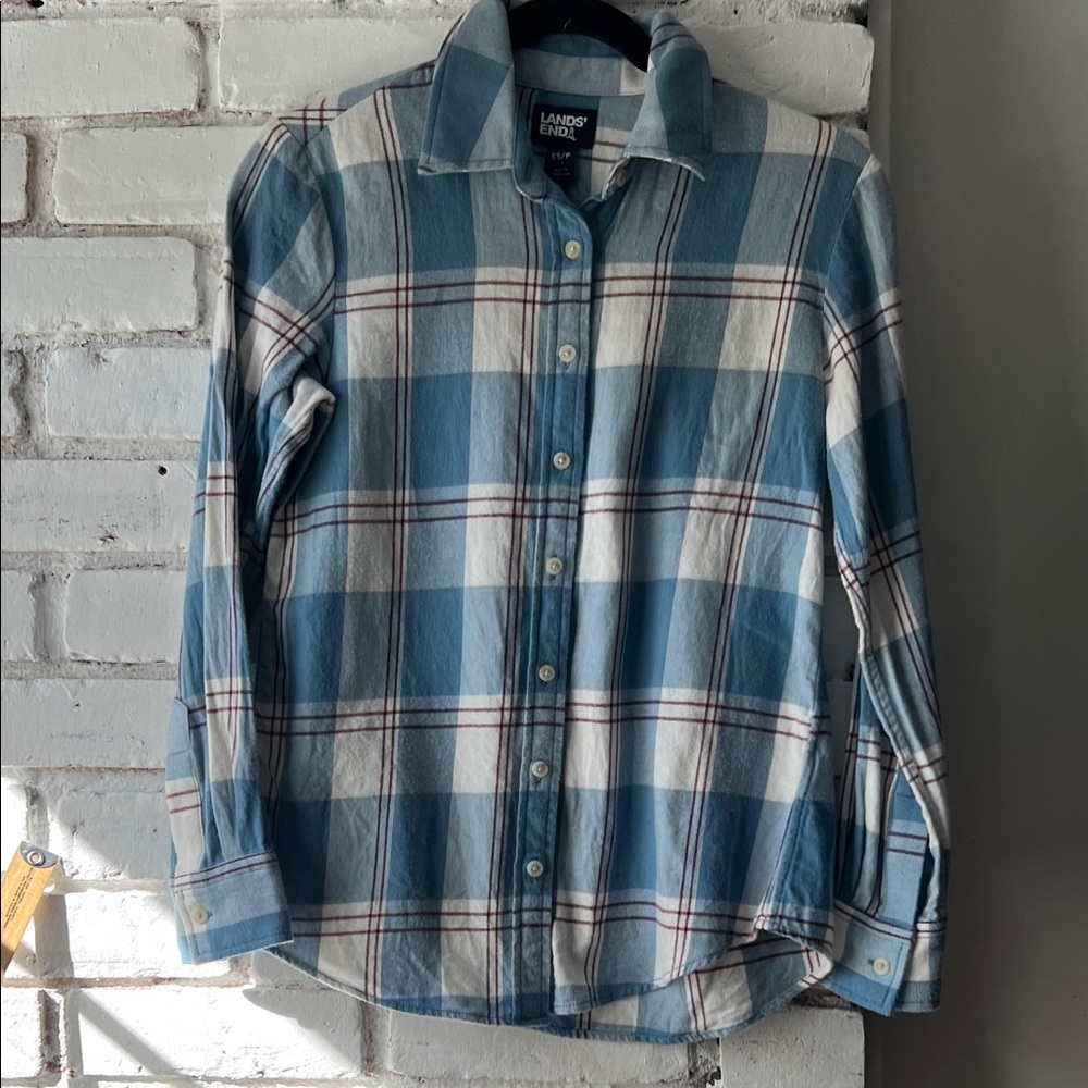 Lands' End Light Blue and White Plaid Button-Down Shirt